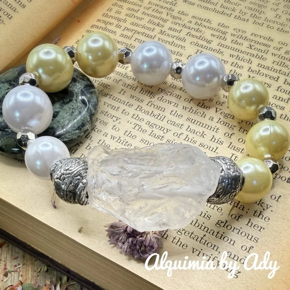 Statement Silver and Cream phantom quartz Pearl Bracelet